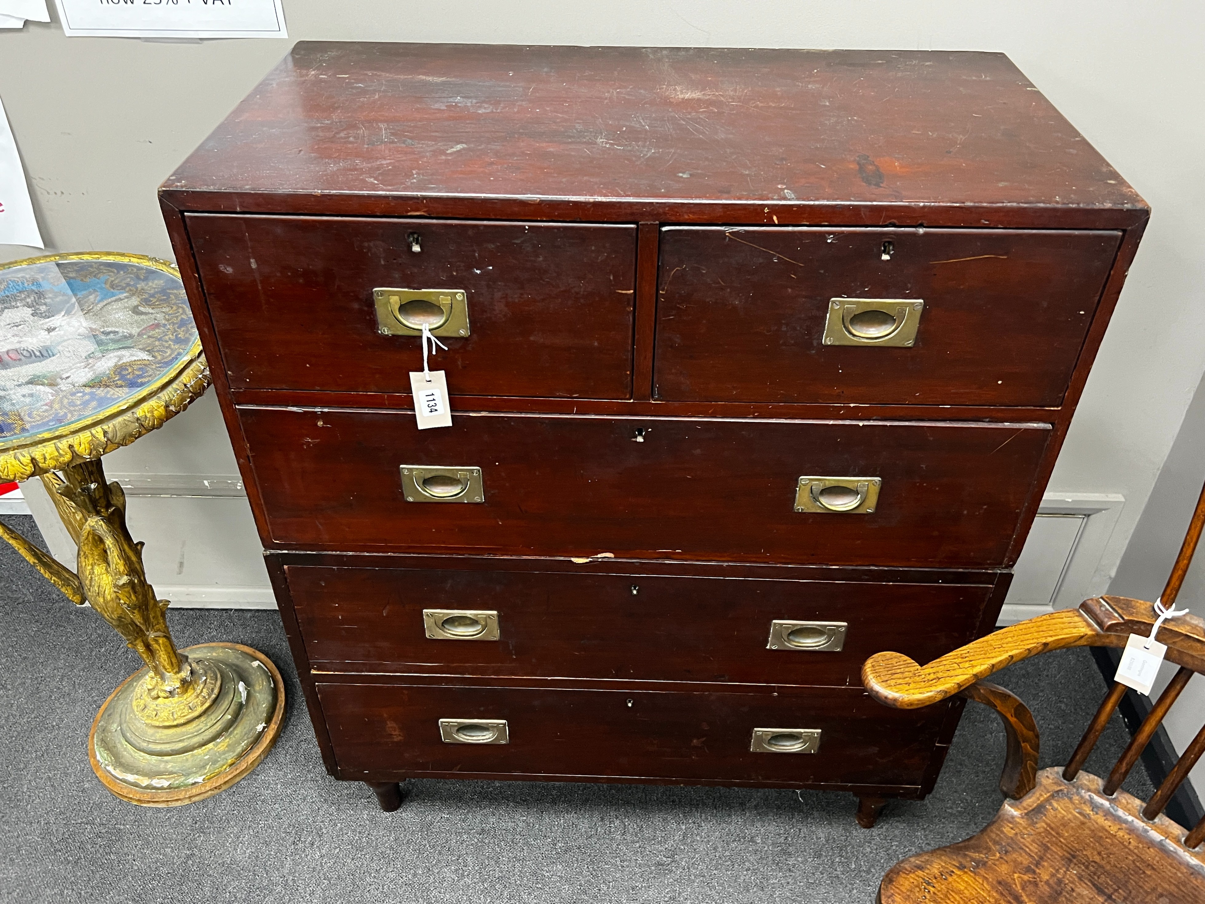 A Victorian mahogany two part campaign chest of two short and three long drawers, width 91cm, depth 47cm, height 112cm